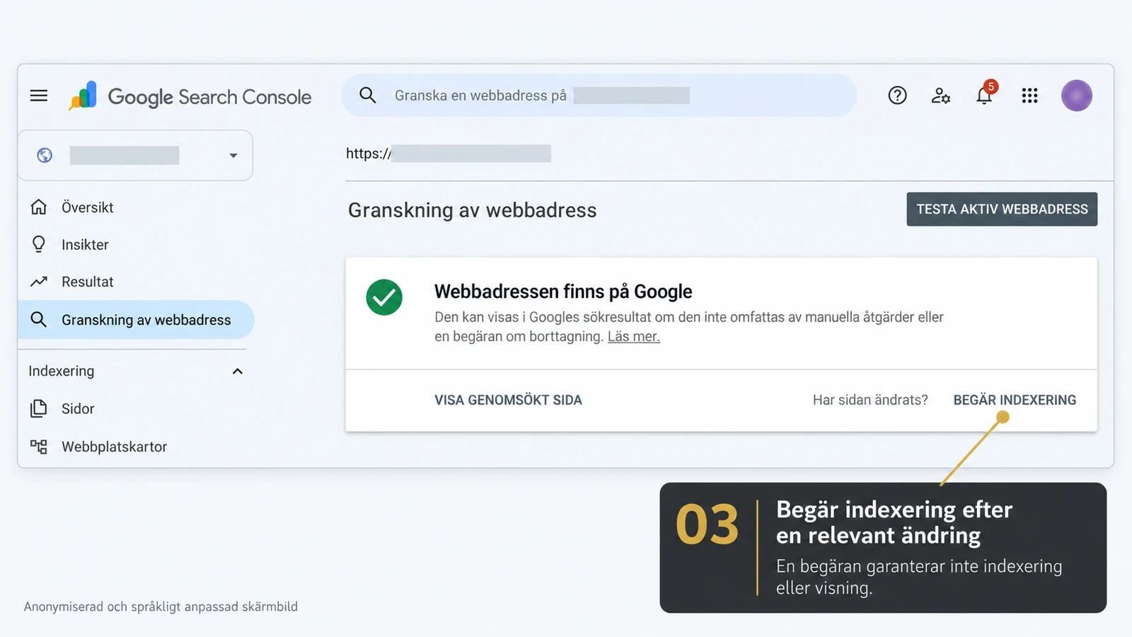 Statusen Webbadressen finns på Google och knappen Begär indexering i en anonymiserad Search Console-rapport.