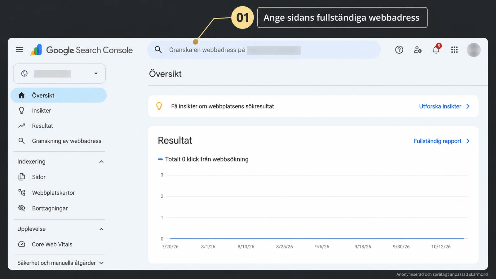 Search Console med fältet för granskning av en fullständig webbadress markerat. Domän och konto är anonymiserade.