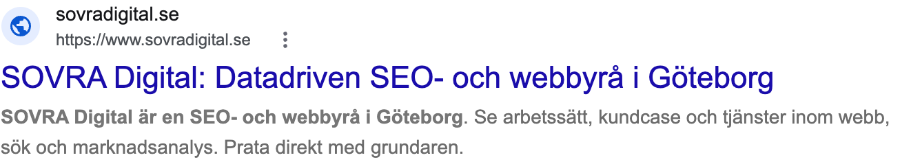 Googles organiska sökresultat för SOVRA Digital med webbadress, titellänk och beskrivande text.