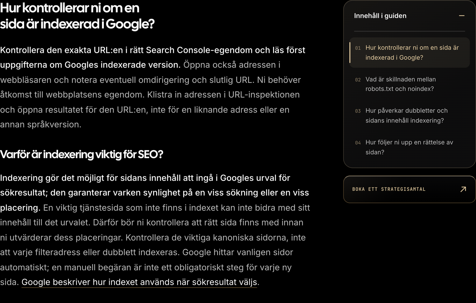 Innehållsförteckningen i SOVRA Digitals guide om indexering i Google.