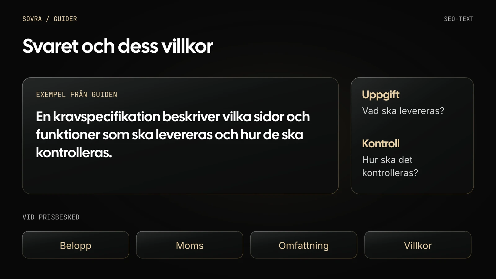 Guidens kravspecifikationsexempel anger vad som ska levereras och kontrolleras. Vid prisbesked hör belopp, moms, omfattning och villkor ihop.